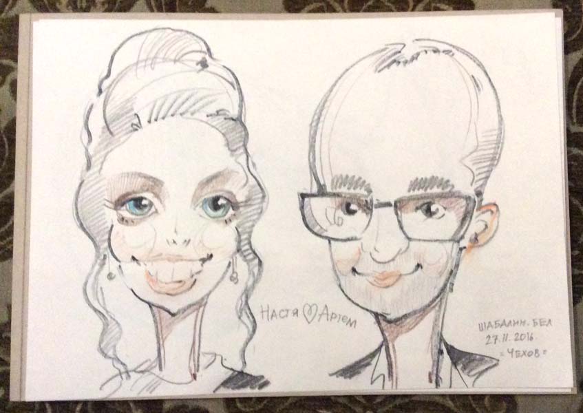 Шаржист на свадьбу Михаил Шабалин,Минск,Калининград,шарж Насти и Артема в Чехове