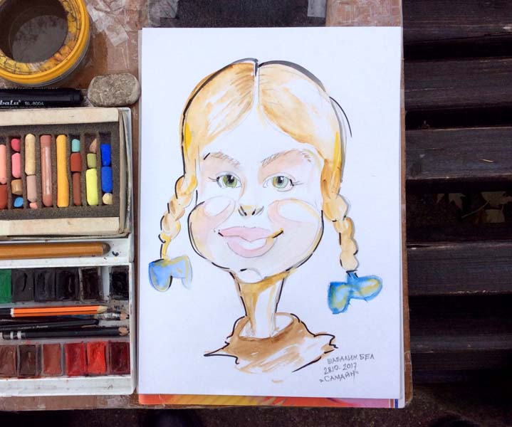 шаржист на корпоратив Михаил Шабалин шарж рыжей девочки с косичками