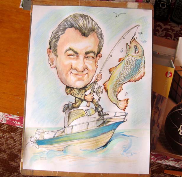 Рыбак вытягивает рыбу, шаржист Мишель, шаржист Михаил Шабалин