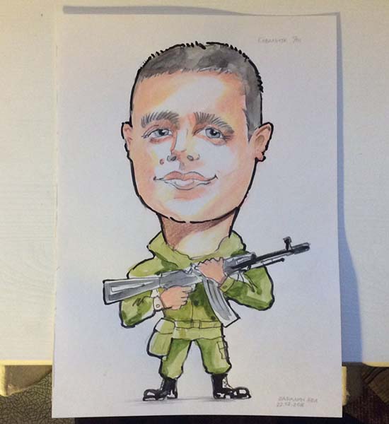 Шарж акварелью солдата с калашниковым шаржист Михаил Шабалин