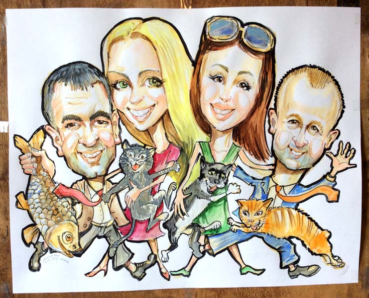 шарж семьи с кошками