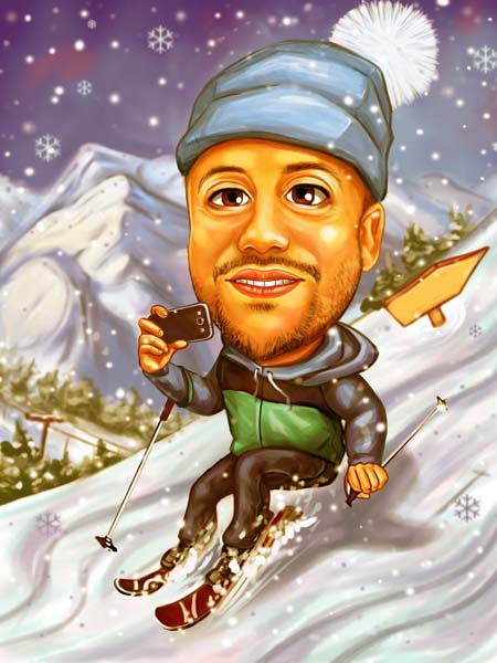 Лыжник спускается с горы, шаржист Михаил Шабалин, шаржист Мишель