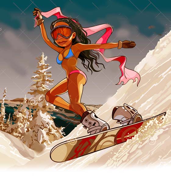 Картинка смуглой девушки на сноуборде, шаржист Михаил Шабалин,
    шаржист Мишель