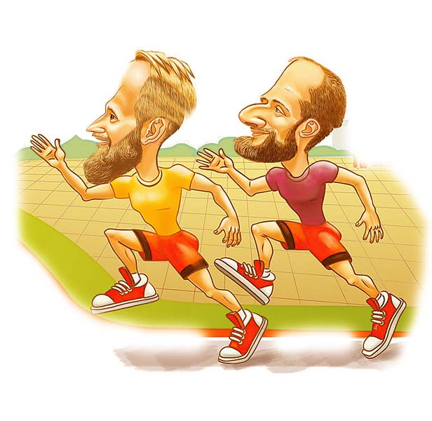 Композиция двух бегунов на соревнованиях, шаржист Михаил Шабалин, шаржист Мишель