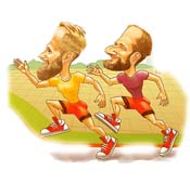 Композиция двух бегунов на соревнованиях, шаржист Михаил Шабалин, шаржист Мишель