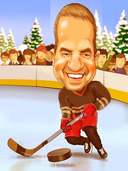 Дружеский шарж на хоккеиста, бьющего по шайбе, шаржист Михаил Шабалин, шаржист Мишель