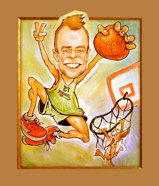 Рисунок баскетболиста, забивающего мяч в корзину, шаржист Михаил Шабалин, шаржист Мишель