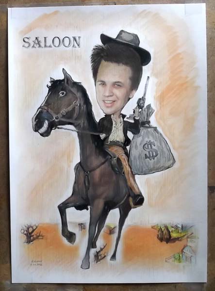 шаржист на свадьбу шарж по фото, Михаил Шабалин,Минск шарж ковбой на коне