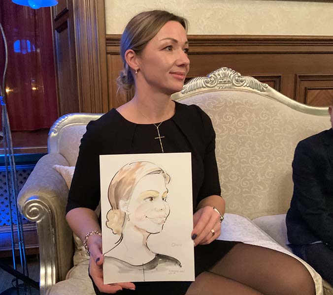 Ольга позирует шаржисту на свадьбе шаржист Михаил Шабалин Мишель