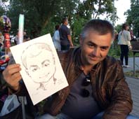 шарж седоватого мужчины вкоричневой куртке на празднике